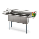 75 in Three Compartment Commercial Sink, Bowl Size 15x15x14, 16 Gauge Stainless-Steel with 2 Drainboards (KM-SC151514-15B316)